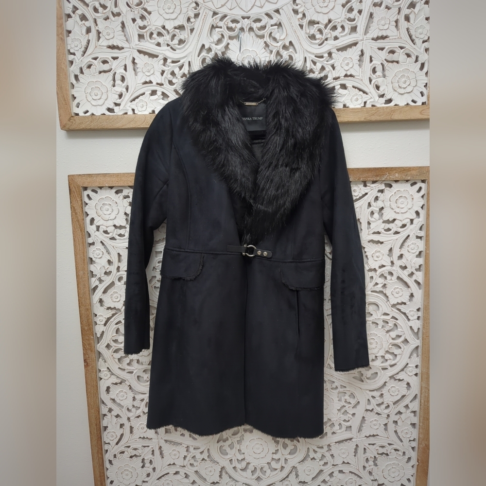 Ivanka Trump Black Vicuna Suede Coat Xs Faux Fur Trim Buckle Front Classic